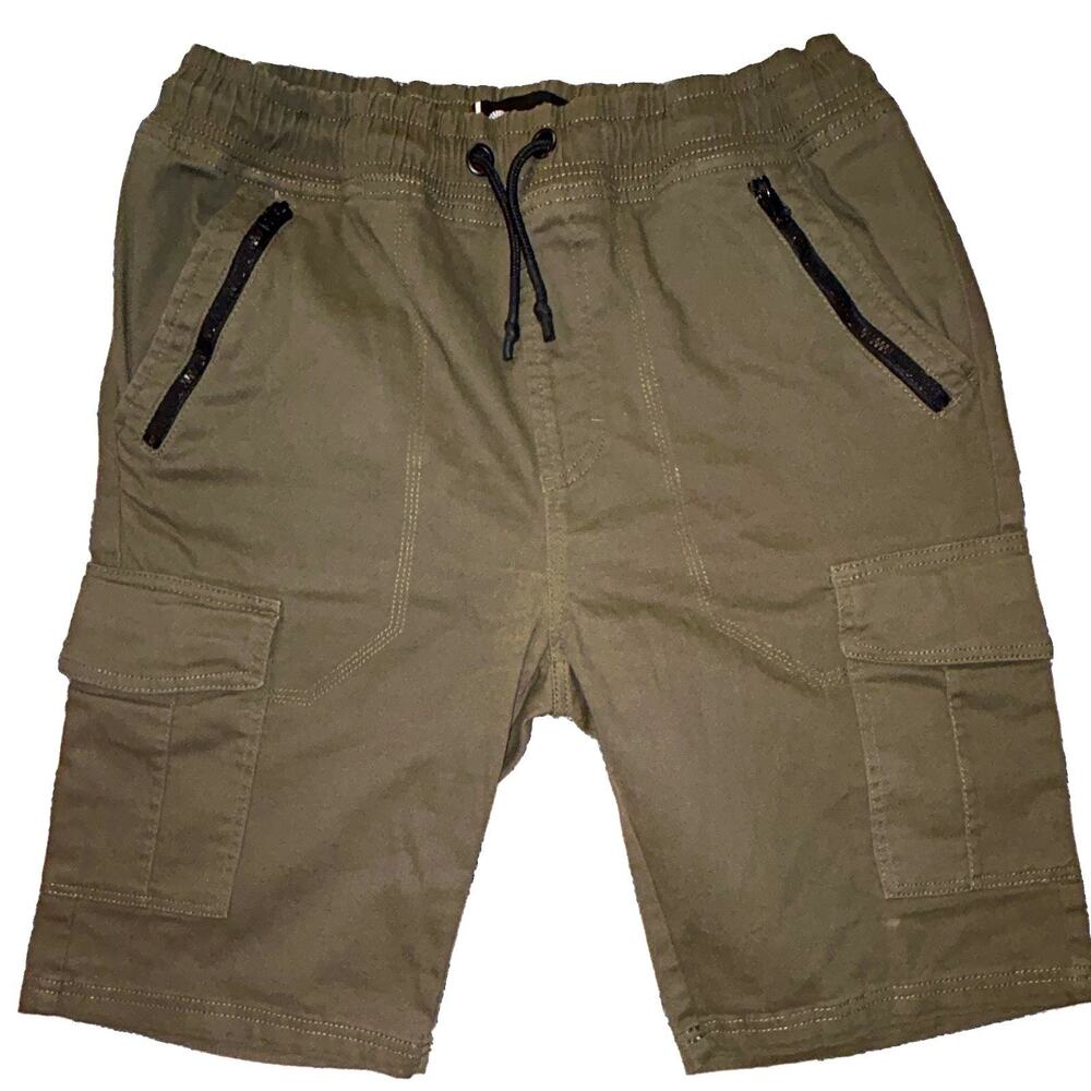 Akademiks Green Canvas Cotton Cargo Shorts Drawstring Elastic Waist M 10"